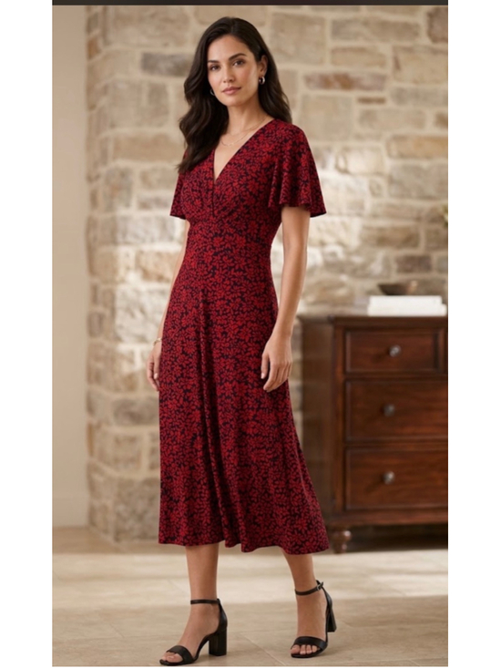 Chaps Dresses & Skirts - Women's Chaps Midi Dress Size L Red Black Floral Print